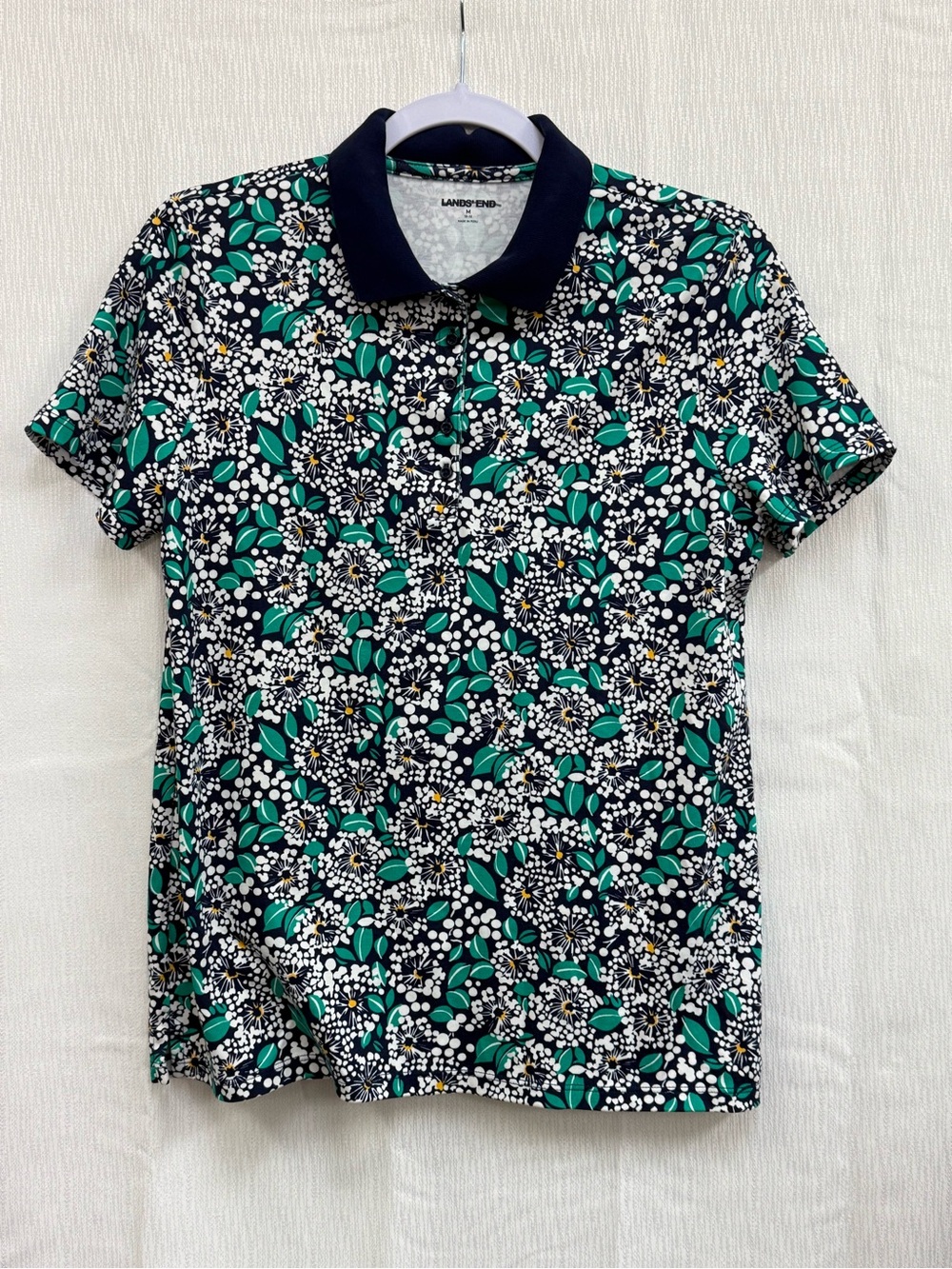 Lands' End Navy Polo with Green and White Floral Print